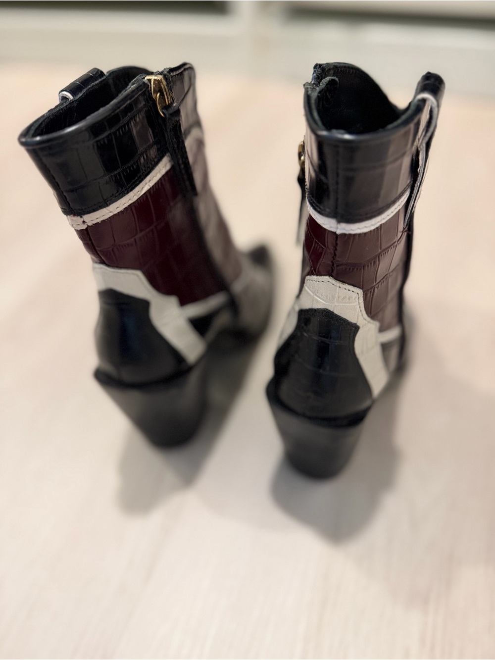 Zara Black and Burgundy Croc-Effect Pointed Western Ankle Boots with Cream Trim - Picture 3 of 6